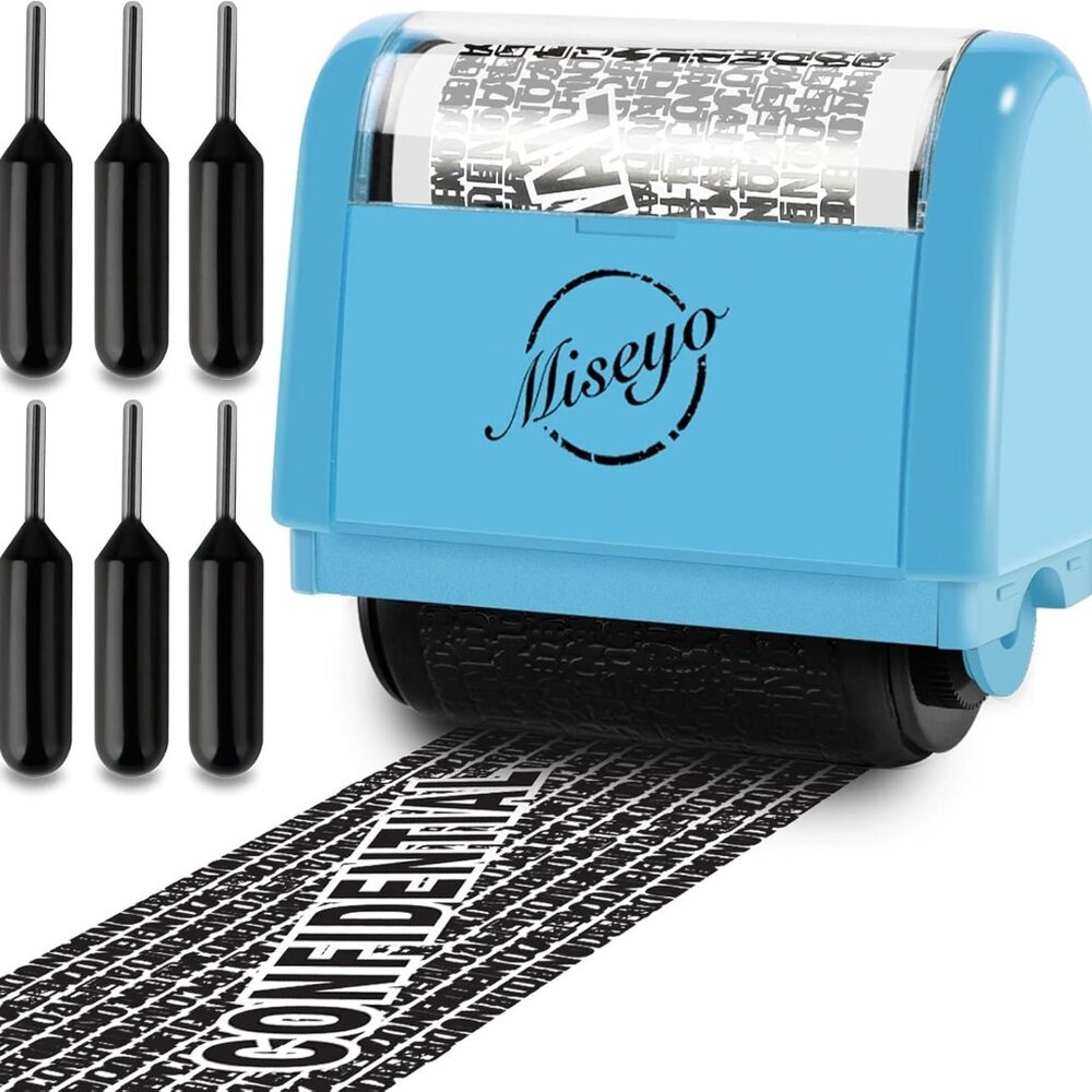 Identity Theft Protection Roller Stamp Set - Blue 6 Refill Ink Incleded